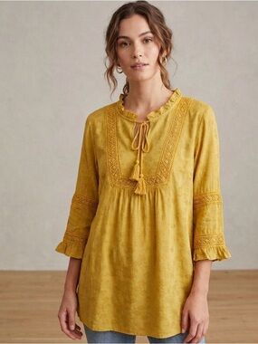 Indigo Thread Co. Mustard Boho Embroidered Tunic Top - XL